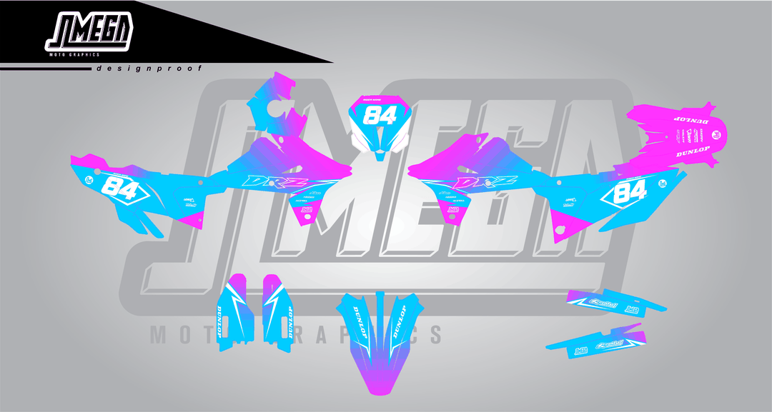 suzuki dr-z4s pink and blue fade sticker kit flat lay