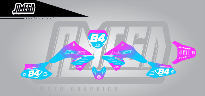 suzuki drz 70 pink and blue fade sticker kit flat lay