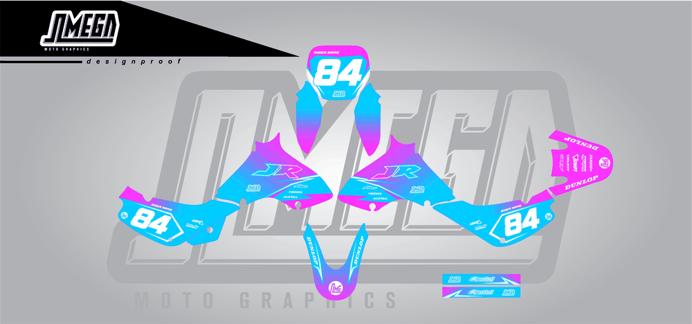 suzuki jr 80 pink and blue fade sticker kit flat lay