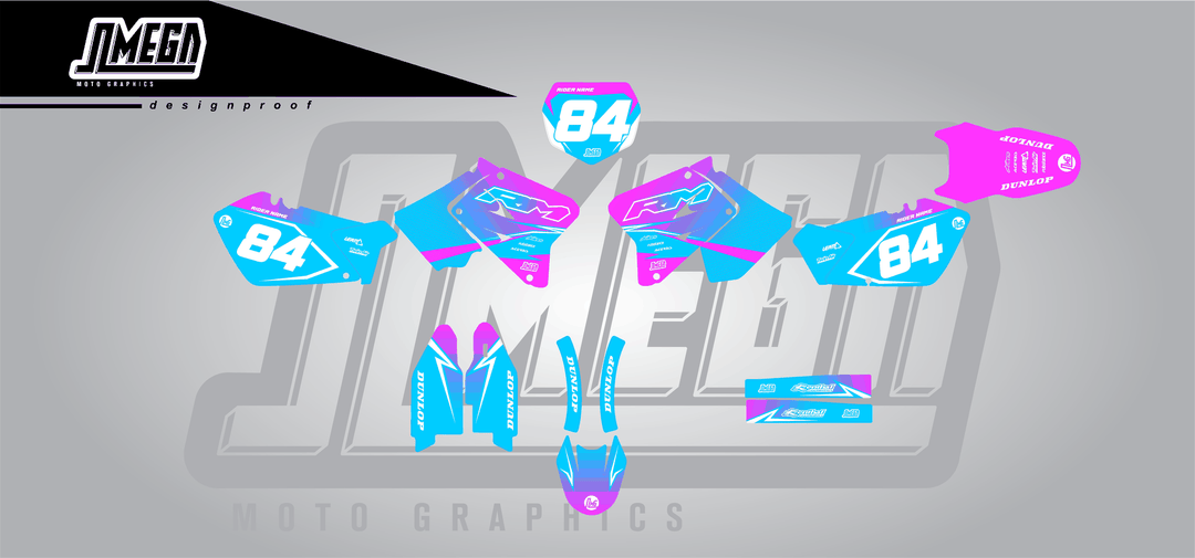 suzuki rm 250 pink and blue fade sticker kit flat lay
