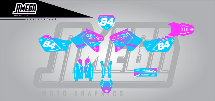 suzuki rm 250 pink and blue fade sticker kit flat lay