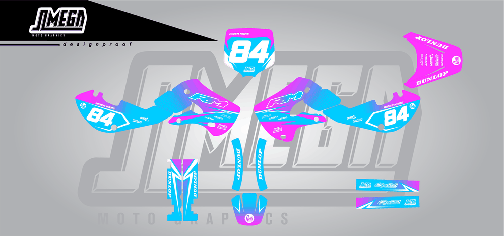 suzuki rm 65 pink and blue fade sticker kit flat lay