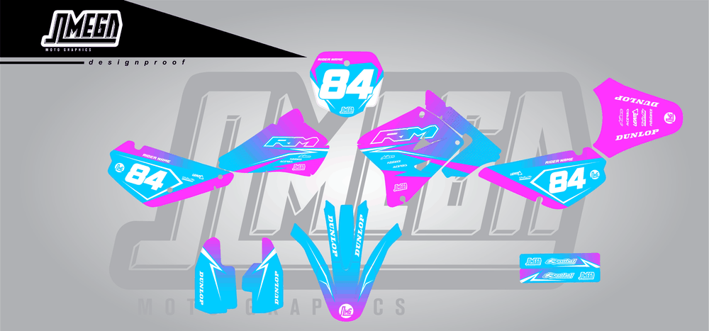 suzuki rm 85 pink and blue fade sticker kit flat lay