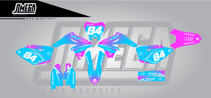 suzuki rmz 250 pink and blue fade sticker kit flat lay