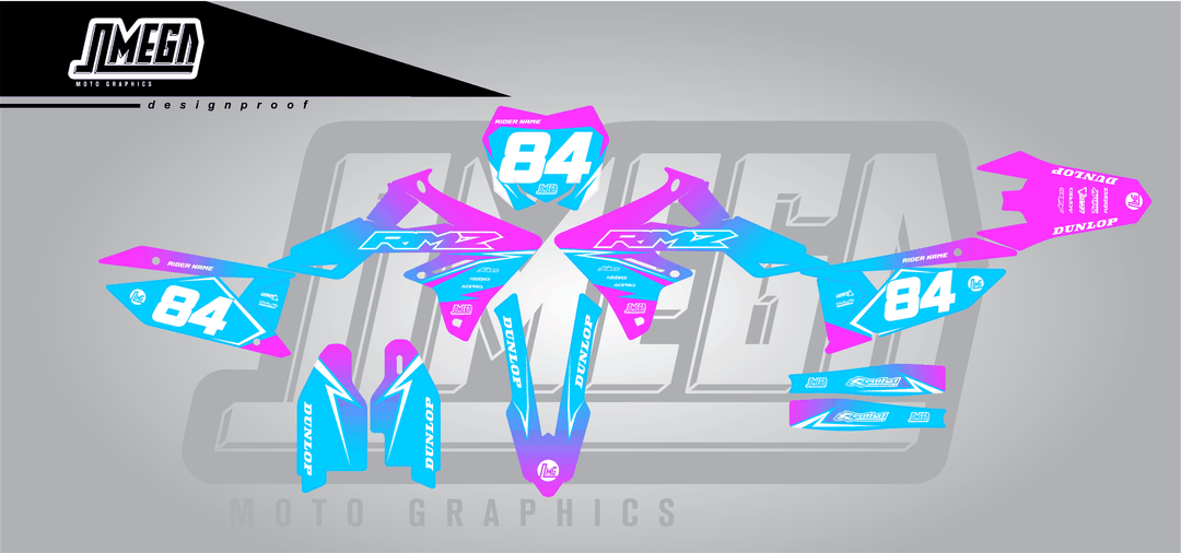 suzuki rmz 250 pink and blue fade sticker kit flat lay