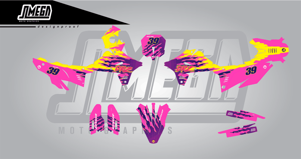 suzuki dr-z4s pink retro sticker kit flat lay