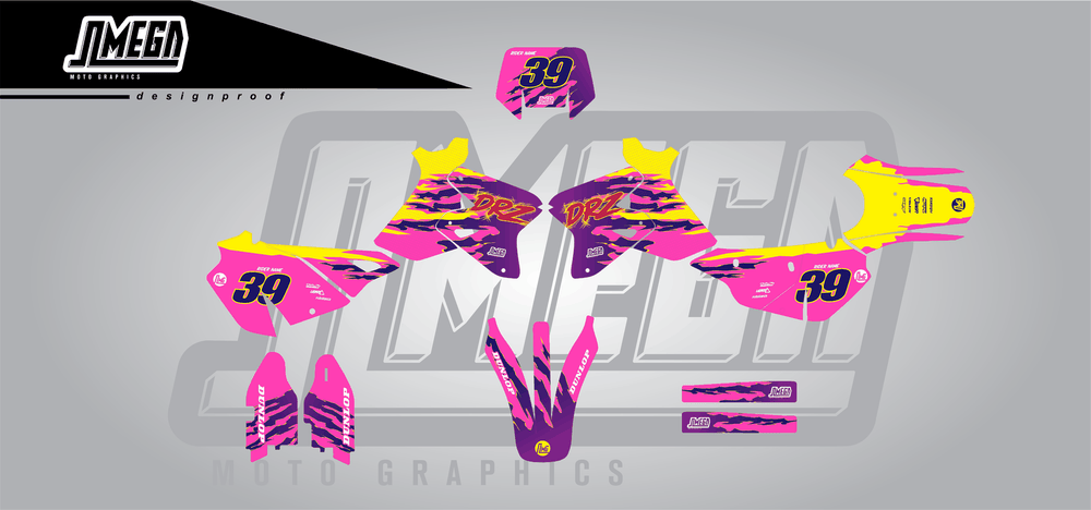 suzuki drz 400s pink retro sticker kit flat lay