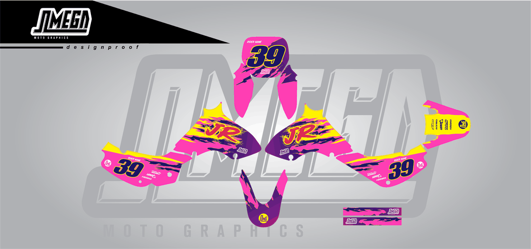 suzuki jr 80 pink retro sticker kit flat lay