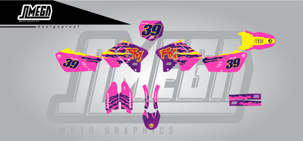 suzuki rm 125 pink retro sticker kit flat lay