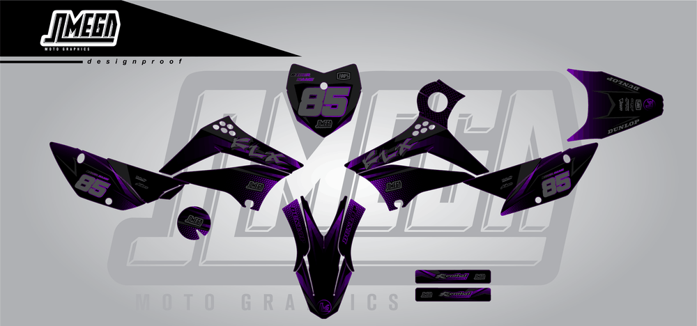 kawasaki klx 110 purple touch sticker kit flat lay