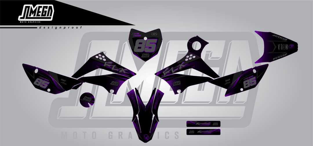 kawasaki klx 110 purple touch sticker kit flat lay