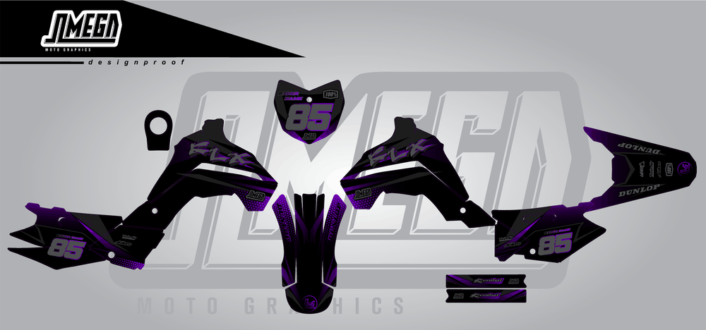 kawasaki klx 140 purple touch sticker kit flat lay