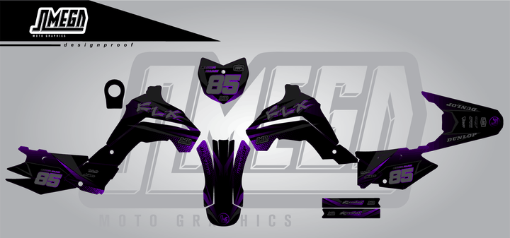 kawasaki klx 140 purple touch sticker kit flat lay