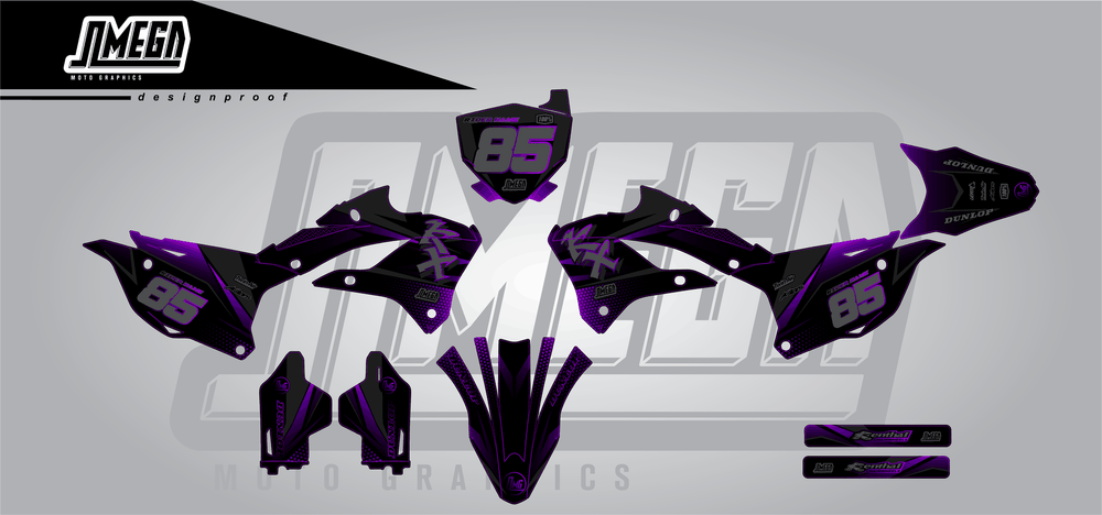 kawasaki kx 112 purple touch sticker kit flat lay