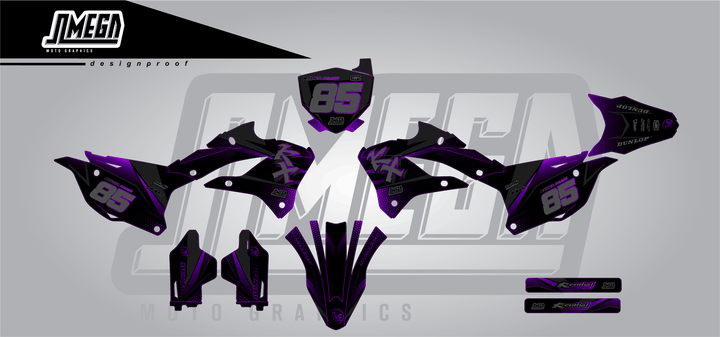 kawasaki kx 112 purple touch sticker kit flat lay