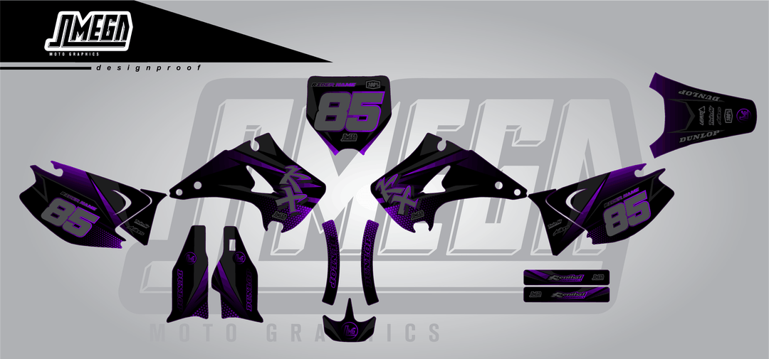kawasaki kx 125 purple touch sticker kit flat lay