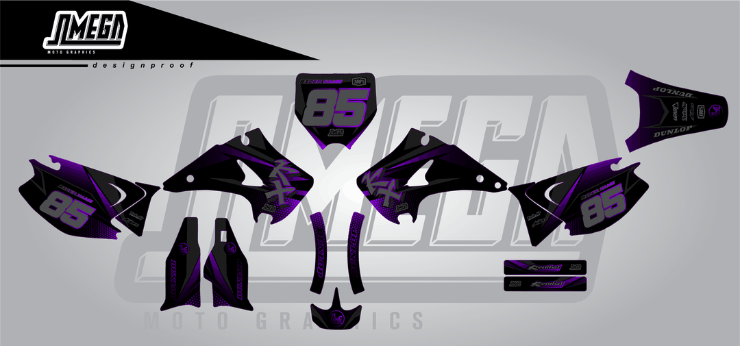 kawasaki kx 250 purple touch sticker kit flat lay