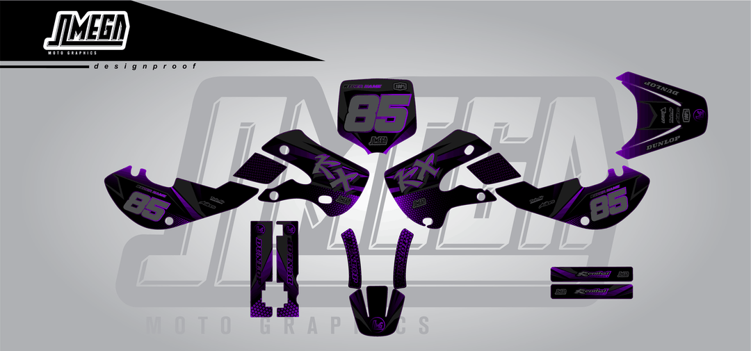 kawasaki kx 65 purple touch sticker kit flat lay