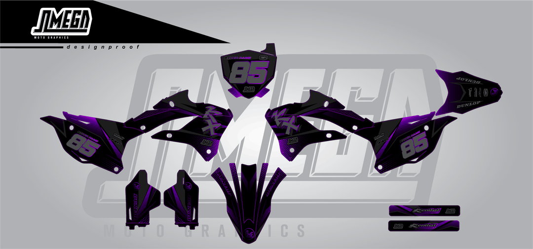 kawasaki kx 85 purple touch sticker kit flat lay