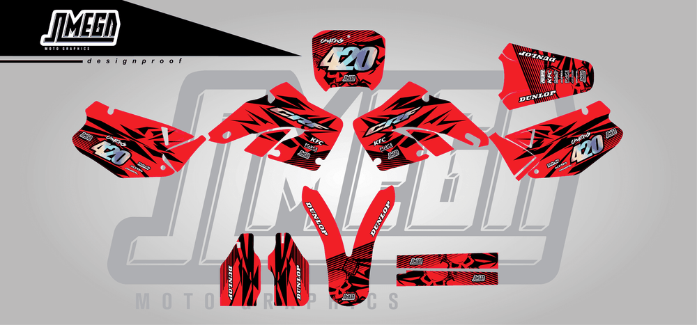 honda cr 125 red chungus sticker kit flat lay