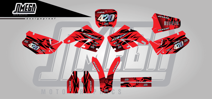 honda cr 125 red chungus sticker kit flat lay