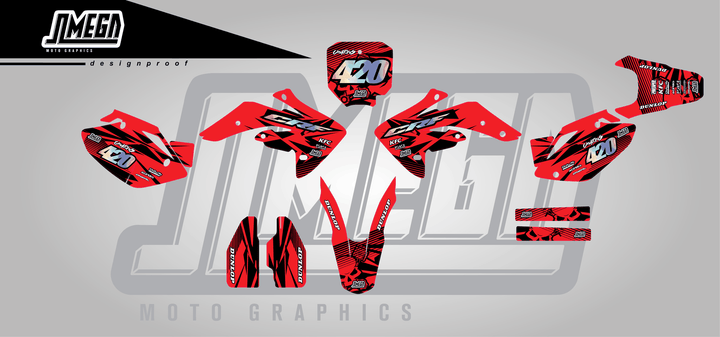 honda crf 150r red chungus sticker kit flat lay