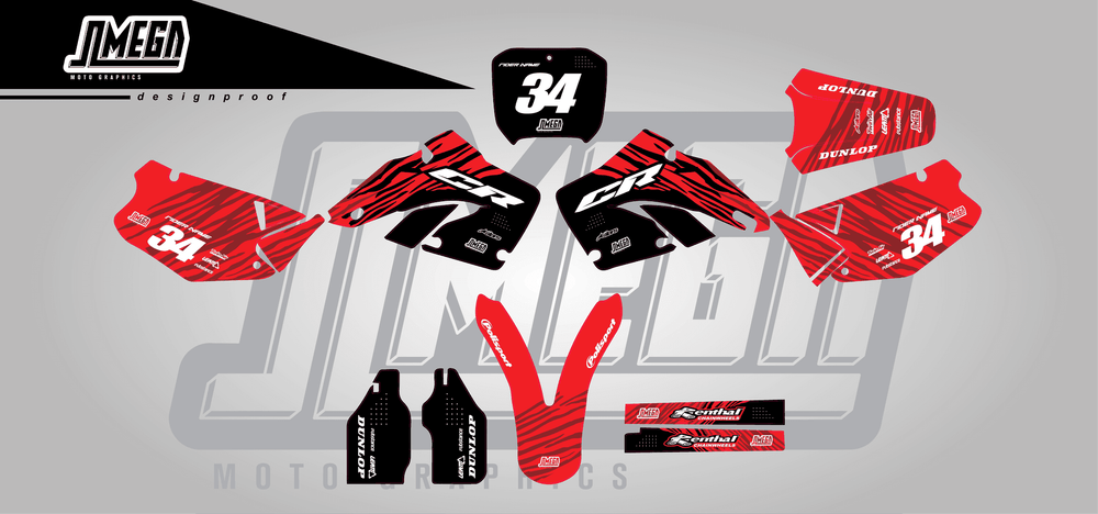 honda cr 125 red tiger sticker kit flat lay