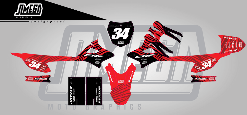 honda crf e2 red tiger sticker kit flat lay