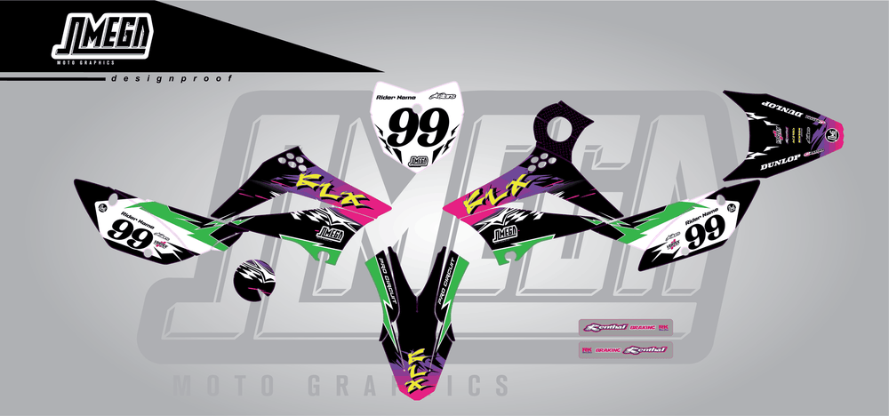 kawasaki klx 110 retro 90's factory sticker kit flat lay