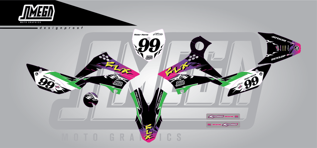 kawasaki klx 110 retro 90's factory sticker kit flat lay