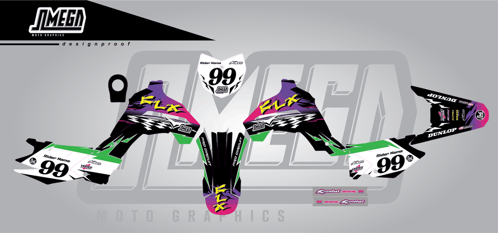 kawasaki klx 140 retro 90's factory sticker kit flat lay