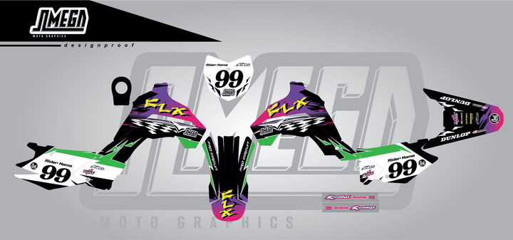 kawasaki klx 140 retro 90's factory sticker kit flat lay