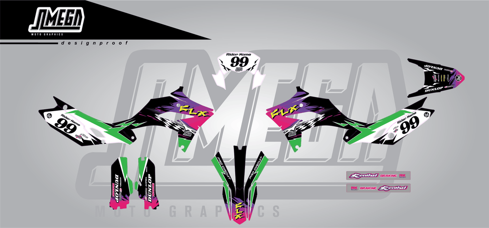kawasaki klx 230 retro 90's factory sticker kit flat lay