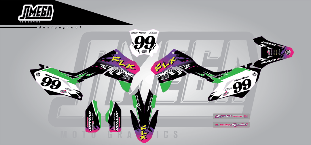 kawasaki klx 300r retro 90's factory sticker kit flat lay
