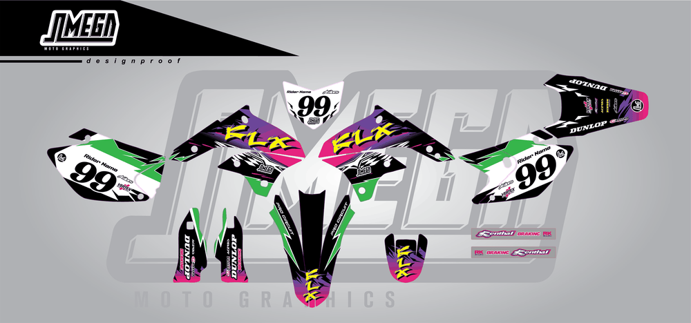 kawasaki klx 450 retro 90's factory sticker kit flat lay