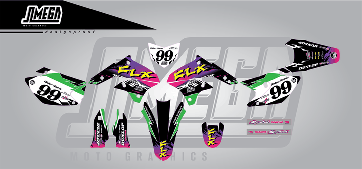 kawasaki klx 450 retro 90's factory sticker kit flat lay