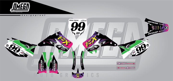 kawasaki kx 250 retro 90's factory sticker kit flat lay