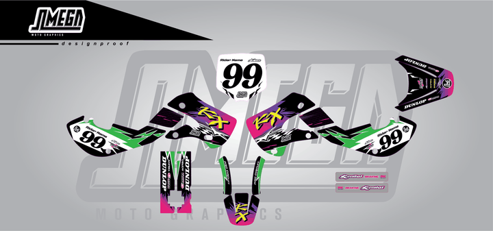 kawasaki kx 65 retro 90's factory sticker kit flat lay