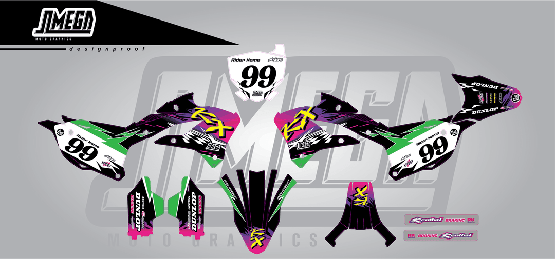 kawasaki kx 85 retro 90's factory sticker kit flat lay