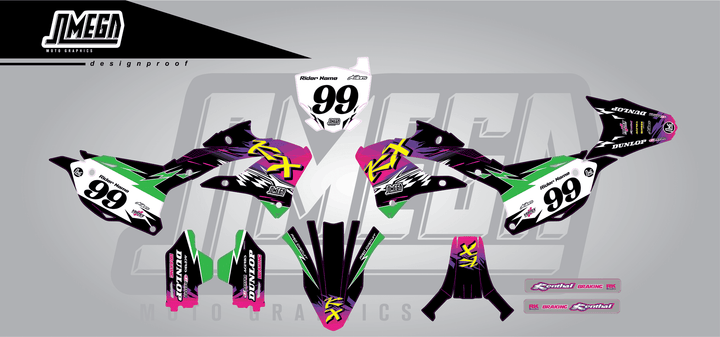 kawasaki kx 85 retro 90's factory sticker kit flat lay