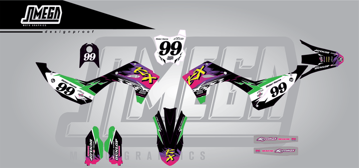 kawasaki kxf 250 retro 90's factory sticker kit flat lay