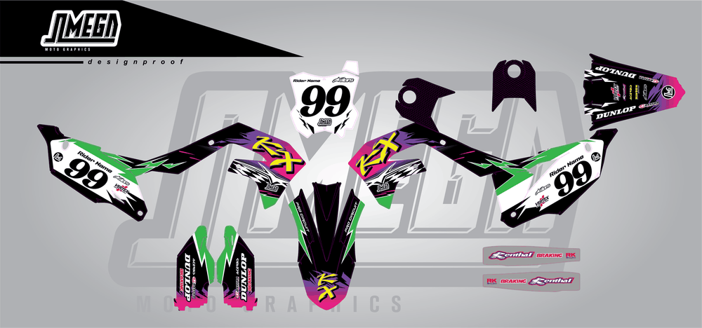 kawasaki kxf 450 retro 90's factory sticker kit flat lay