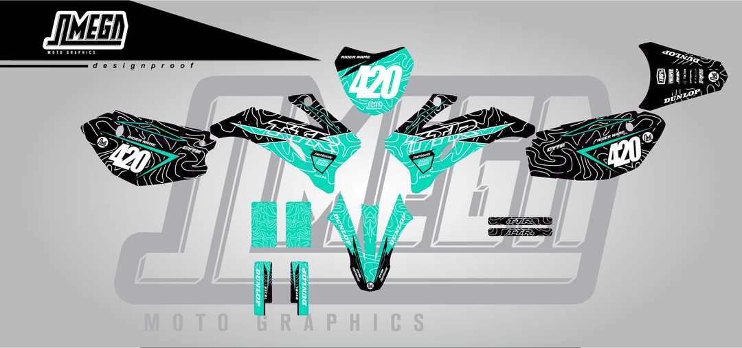 yamaha ttr 110 teal chungus sticker kit flat lay
