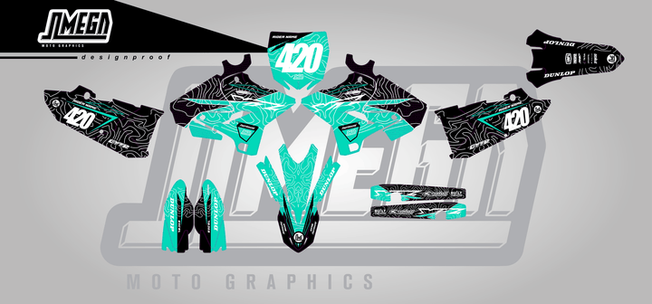 yamaha yz 250 teal chungus sticker kit flat lay