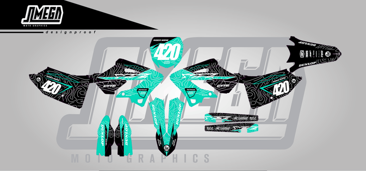 yamaha yz 250 teal chungus sticker kit flat lay