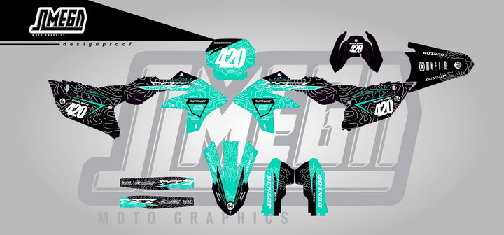 yamaha yz250f teal chungus sticker kit flat lay