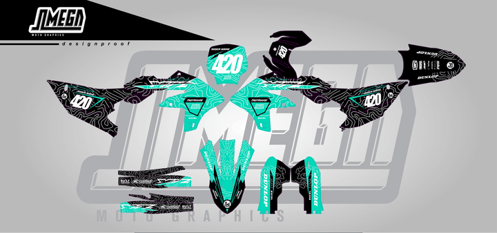 yamaha yz450f teal chungus sticker kit flat lay