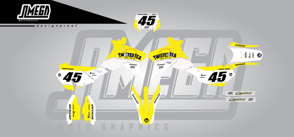 suzuki drz 400s twisted tea v2 sticker kit flat lay