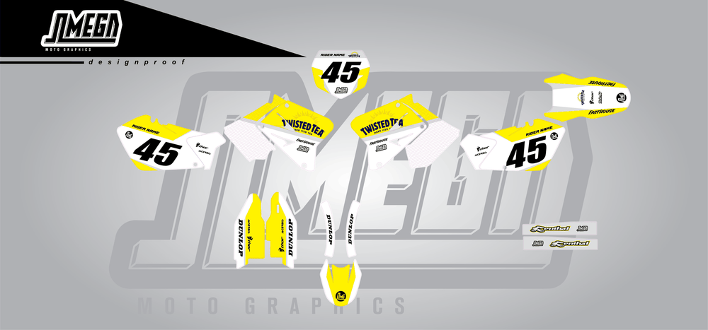 suzuki rm 250 twisted tea v2 sticker kit flat lay