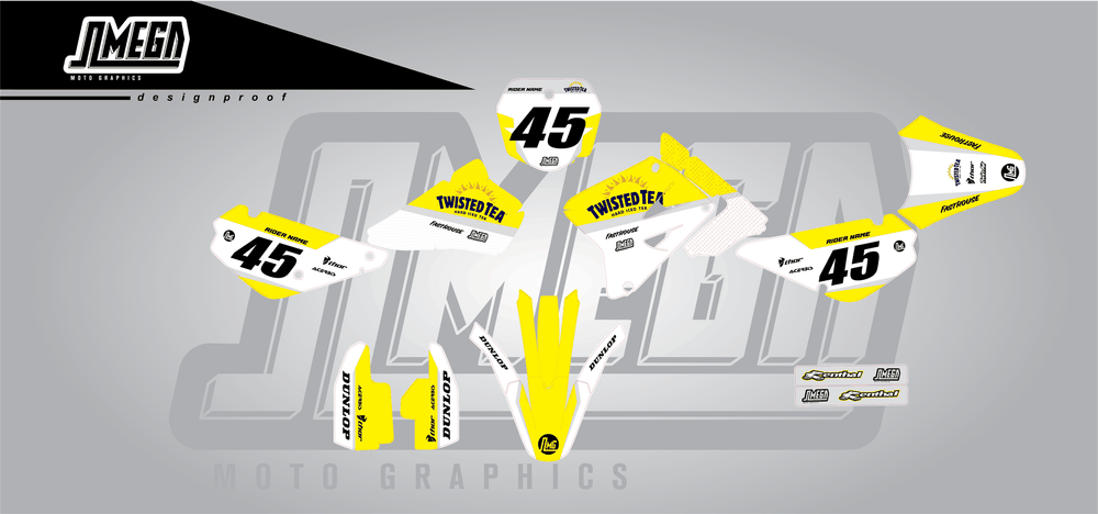 suzuki rm 85 twisted tea v2 sticker kit flat lay